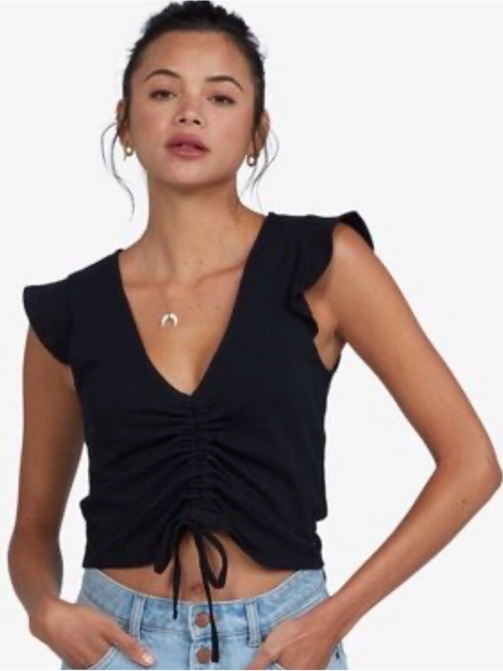 Roxy | Flirty Vibe | Black | Ruched | V-Neck| Crop Top | Ruffle Sleeves | Size M